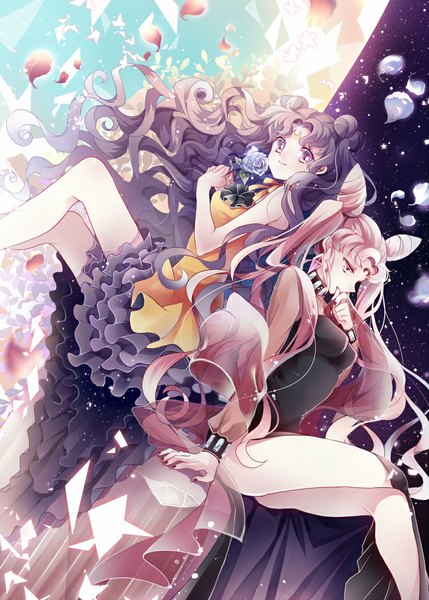 Anime picture 800x1119 with bishoujo senshi sailor moon toei animation chibiusa luna (sailor moon) black lady luna (sailor moon) (human) iku1539 long hair tall image looking at viewer black hair smile twintails purple eyes multiple girls pink hair nail polish profile pink eyes hair bun (hair buns)