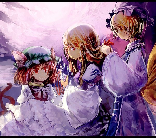 Anime picture 1024x905 with touhou yakumo yukari yakumo ran chen ukyo rst long hair short hair blonde hair red eyes multiple girls animal ears sky red hair animal tail orange eyes letterboxed multiple tails girl dress ribbon (ribbons)