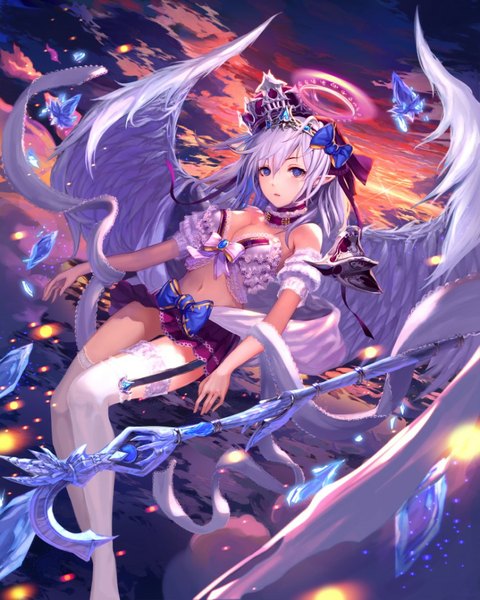 Anime picture 743x928 with original jname coga single long hair tall image blue eyes light erotic sky cloud (clouds) white hair girl thighhighs skirt navel miniskirt white thighhighs wings halo crystal