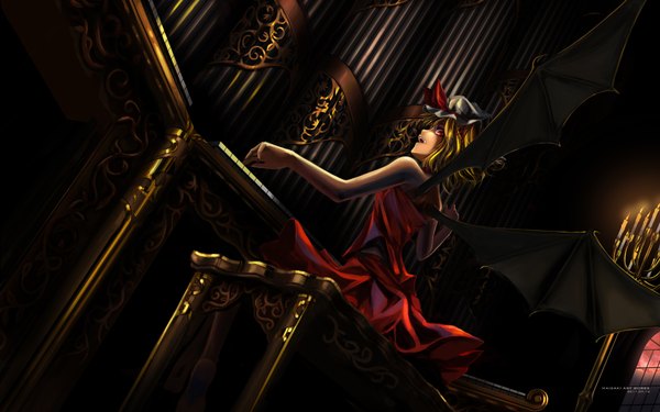 Anime picture 1920x1200 with touhou flandre scarlet maisaki single highres short hair blonde hair red eyes wide image demon wings girl dress wings bonnet red dress musical instrument organ (music)