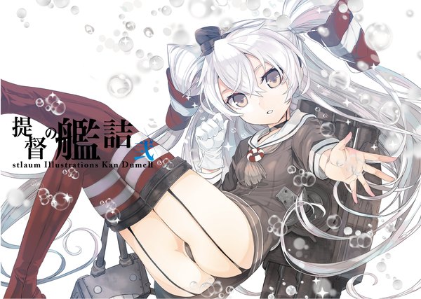 Anime picture 1789x1276 with kantai collection amatsukaze destroyer rensouhou-kun yumeko (tokiti) long hair looking at viewer highres light erotic brown eyes ass white hair inscription sparkle two side up underwater outstretched hand girl thighhighs dress gloves
