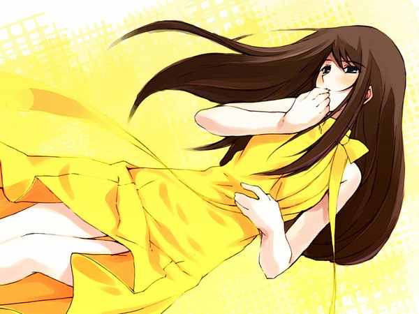 Anime picture 1024x768 with rahxephon studio bones mishima reika long hair brown hair bare shoulders black eyes falling girl dress bow ribbon (ribbons)
