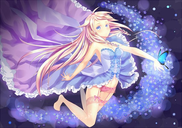 Anime picture 1000x703 with vocaloid ia (vocaloid) sumikko no aria single long hair looking at viewer blush blue eyes light erotic blonde hair girl thighhighs dress underwear panties flower (flowers) insect butterfly
