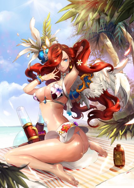 Anime picture 1000x1406 with league of legends miss fortune (league of legends) nal (artist) single long hair tall image fringe breasts light erotic large breasts sitting bare shoulders ass red hair barefoot hair flower sunlight hair over one eye bare legs bare belly