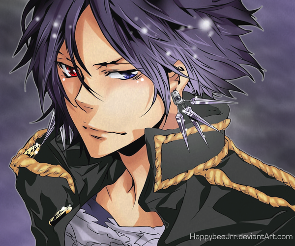 Anime picture 1630x1365 with katekyou hitman reborn rokudo mukuro happybeejrr single short hair red eyes purple eyes purple hair heterochromia portrait face earrings choker