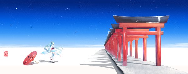 Anime picture 1700x670 with vocaloid hatsune miku sanaa single wide image standing twintails very long hair traditional clothes japanese clothes wind aqua hair wide sleeves shadow alternate costume zettai ryouiki looking up horizon girl thighhighs