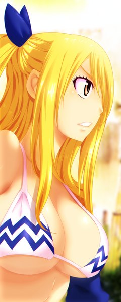 Anime picture 1600x4000 with fairy tail lucy heartfilia eroishi single long hair tall image breasts light erotic blonde hair large breasts brown eyes sky profile one side up coloring girl bow hair bow detached sleeves lingerie