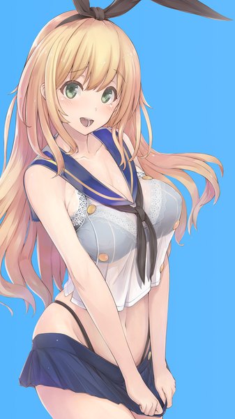 Anime picture 1080x1920 with kantai collection shimakaze destroyer atago heavy cruiser urigarasu long hair tall image looking at viewer blush fringe breasts open mouth light erotic simple background blonde hair hair between eyes large breasts green eyes :d light smile blue background