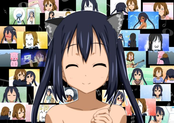 Anime picture 1272x900 with k-on! kyoto animation nakano azusa oku no shi long hair black hair smile twintails animal ears eyes closed cat ears multiview collage girl sweets pocky