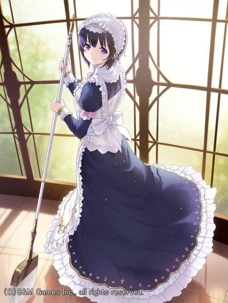 Anime picture 606x806 with original cait single tall image looking at viewer fringe short hair smile standing purple eyes holding purple hair full body indoors long sleeves light smile official art maid puffy sleeves frilled dress