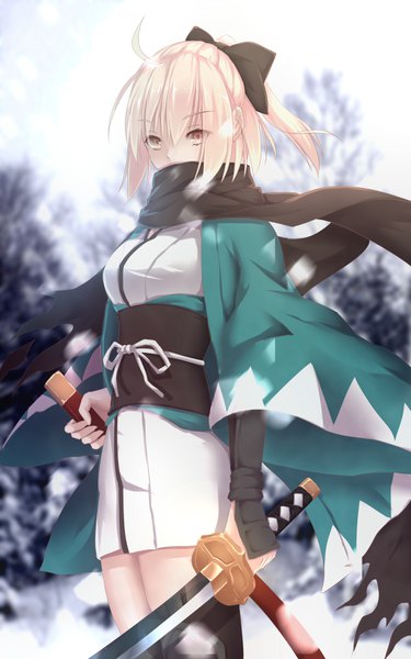 Anime picture 2000x3200 with fate (series) koha-ace okita souji (fate) (all) okita souji (koha-ace) bakanoe single tall image looking at viewer fringe highres short hair breasts blonde hair standing holding brown eyes payot ahoge outdoors ponytail