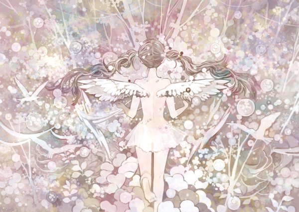 Anime picture 1322x940 with 24 (artist) single long hair brown hair twintails bare shoulders barefoot from behind back angel wings angel girl skirt animal wings bird (birds) bubble (bubbles)