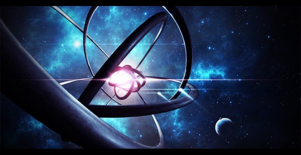 Anime picture 1300x671 with original smiling-demon (artist) wide image light no people fantasy space science fiction star (stars) planet spacecraft