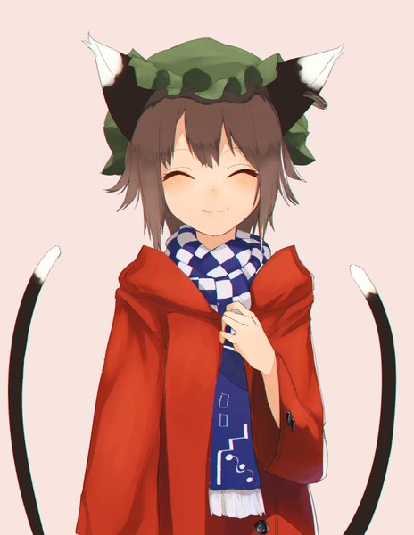 Anime picture 836x1080 with touhou chen terada yuki single tall image blush short hair simple background smile brown hair animal ears tail eyes closed animal tail cat ears cat girl cat tail alternate costume pink background ^ ^