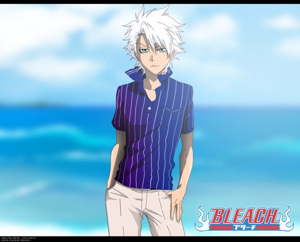 Anime picture 1843x1488 with bleach studio pierrot hitsugaya toushirou drlinux single highres short hair green eyes sky cloud (clouds) white hair light smile inscription coloring hands in pockets boy sea pants