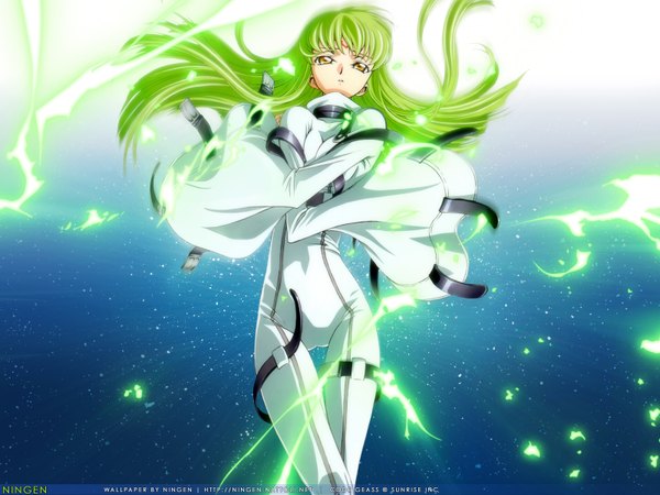 Anime picture 1600x1200 with code geass sunrise (studio) c.c. single long hair fringe breasts yellow eyes long sleeves parted lips green hair wide sleeves floating hair facial mark breast press girl