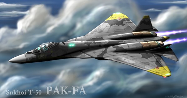 Anime picture 1533x800 with ace combat zephyr164 wide image signed sky cloud (clouds) flying pilot sukhoi t-50 weapon airplane jet