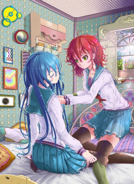 Anime picture 2480x3407 with original fangxiang cuoluan long hair tall image highres short hair multiple girls green eyes blue hair red hair eyes closed shoujo ai girl thighhighs flower (flowers) black thighhighs 2 girls serafuku picture