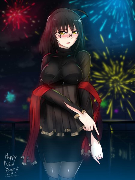 Anime picture 2000x2666 with original swordwaltz single tall image looking at viewer blush highres short hair open mouth black hair yellow eyes fireworks girl dress skirt glasses