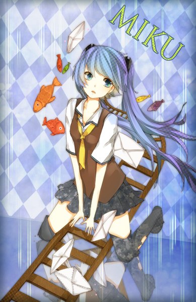 Anime picture 1046x1612 with vocaloid hatsune miku hiiro (artist) single long hair tall image open mouth blue eyes twintails blue hair looking away character names rhombus girl skirt uniform school uniform fish (fishes) envelope