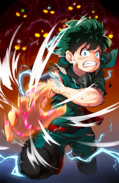 Anime picture 900x1380 with boku no hero academia studio bones midoriya izuku magister (medical whiskey) single tall image looking at viewer short hair green eyes green hair tears torn clothes outstretched arm clenched teeth silhouette holding arm boy energy