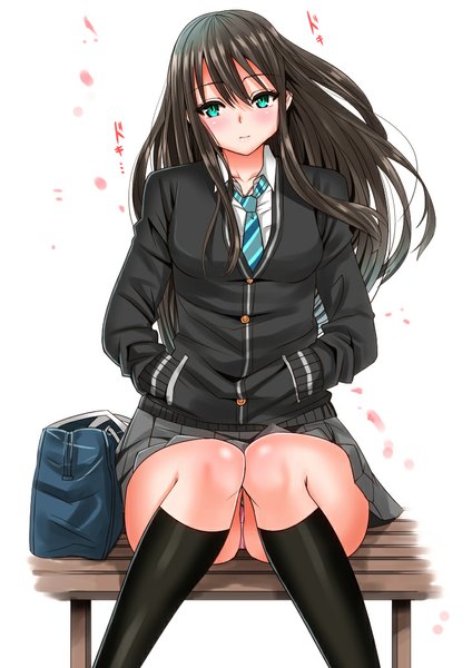 Anime picture 730x1033 with idolmaster idolmaster cinderella girls shibuya rin inu (marukome) single long hair tall image blush fringe light erotic black hair simple background white background aqua eyes pantyshot girl uniform underwear panties school uniform