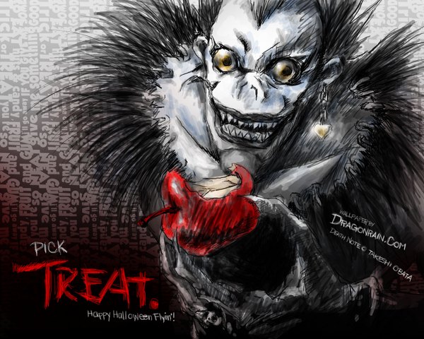 Anime picture 1600x1280 with death note madhouse ryuk black hair brown eyes fingernails teeth long fingernails sharp teeth shinigami earrings apple