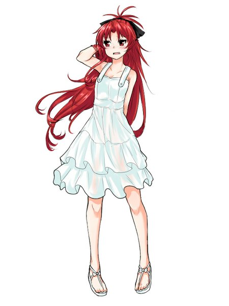 Anime picture 600x800 with mahou shoujo madoka magica shaft (studio) sakura kyouko kaho single long hair tall image fringe simple background red eyes standing white background looking away ponytail red hair teeth fang (fangs) arm behind head girl dress