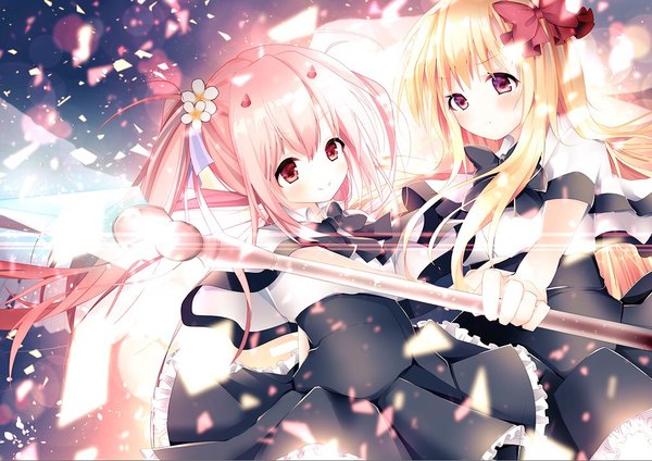Anime picture 1024x725 with juuoumujin no fafnir tear lightning lisa highwalker kabako (lilypicture410v) long hair blush fringe blonde hair smile red eyes purple eyes twintails multiple girls looking away pink hair horn (horns) outstretched arm girl uniform bow