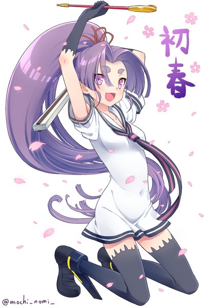 Anime picture 600x869 with kantai collection hatsuharu destroyer mochiya marosuke single long hair tall image open mouth simple background white background purple eyes signed purple hair ponytail :d arms up zettai ryouiki character names kneeling cherry blossoms eyebrows