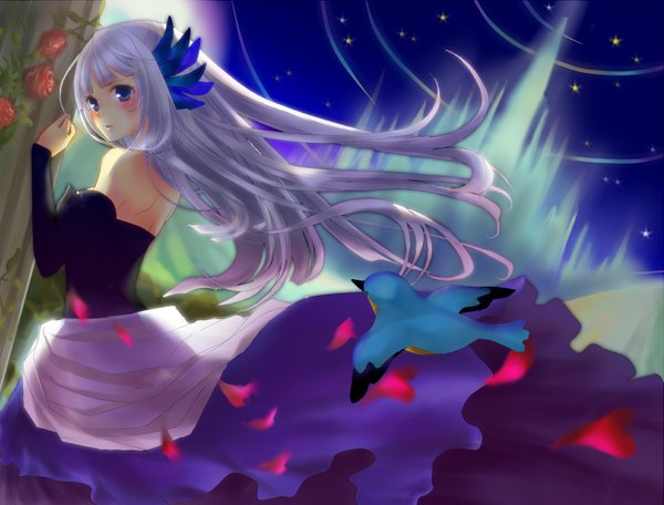 Anime picture 948x722 with odin sphere vanillaware gwendolyn fukuda935 single long hair looking at viewer blush fringe blue eyes standing bare shoulders pink hair silver hair long sleeves multicolored hair wind night night sky gradient hair