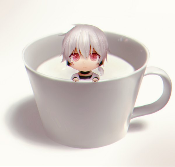 Anime picture 1773x1700 with kagerou project shaft (studio) konoha (kagerou project) amu224 single looking at viewer highres short hair simple background white background white hair pink eyes facial mark chibi boy cup milk