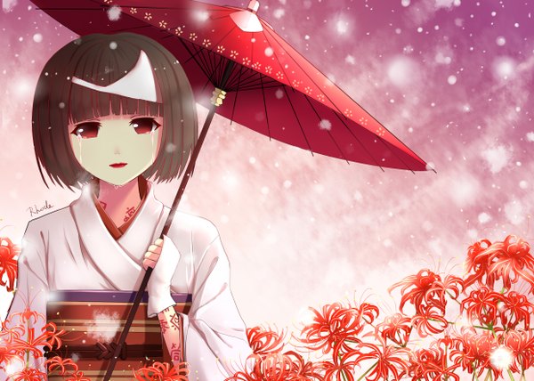 Anime picture 2480x1771 with noragami studio bones nora (noragami) rhode single long hair looking at viewer fringe highres black hair red eyes holding head tilt lips wide sleeves tattoo snowing body writing girl flower (flowers)