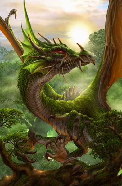 Anime picture 1024x1563 with original ucchiey tall image red eyes sky cloud (clouds) looking back horn (horns) sunlight fantasy plant (plants) animal wings tree (trees) forest dragon