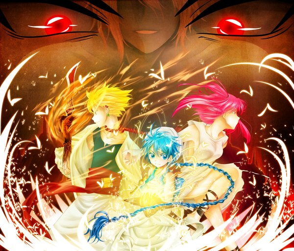 Anime picture 1700x1450 with magi the labyrinth of magic a-1 pictures morgiana aladdin (magi) ali baba saluja razephyr long hair short hair blue eyes blonde hair red eyes yellow eyes blue hair pink hair braid (braids) profile pink eyes multiple boys piercing magic