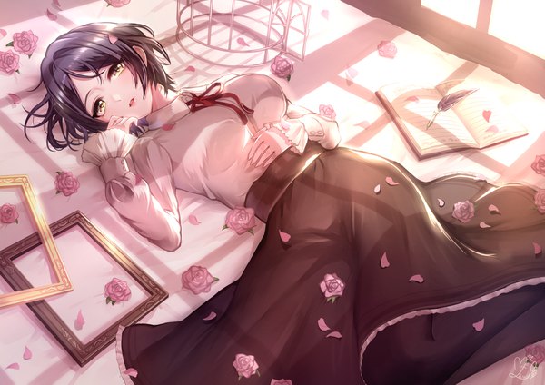 Anime picture 4093x2894 with idolmaster idolmaster cinderella girls hayami kanade mairo (ilo) single looking at viewer highres short hair black hair yellow eyes absurdres lying shadow aikurushii (idolmaster) girl dress flower (flowers) petals rose (roses) book (books)