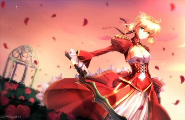 Anime picture 1960x1280 with fate (series) fate/extra nero claudius (fate) (all) nero claudius (fate) yuitsuki1206 single highres short hair blonde hair standing holding green eyes signed looking away sky cleavage ahoge long sleeves wind wide sleeves