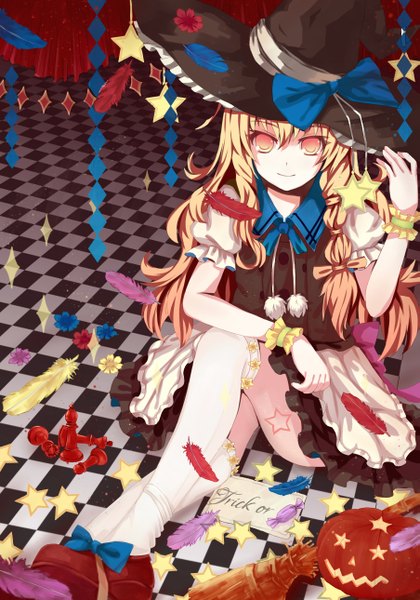 Anime picture 1805x2580 with touhou kirisame marisa dead line single long hair tall image looking at viewer highres blonde hair sitting yellow eyes arm up light smile puffy sleeves halloween checkered floor floor hand on knee girl thighhighs