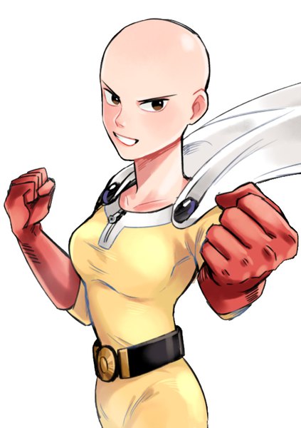 Anime picture 600x850 with one-punch man madhouse saitama (one-punch man) sodam art single tall image looking at viewer open mouth simple background brown eyes fighting stance genderswap bald superhero girl belt bodysuit fist