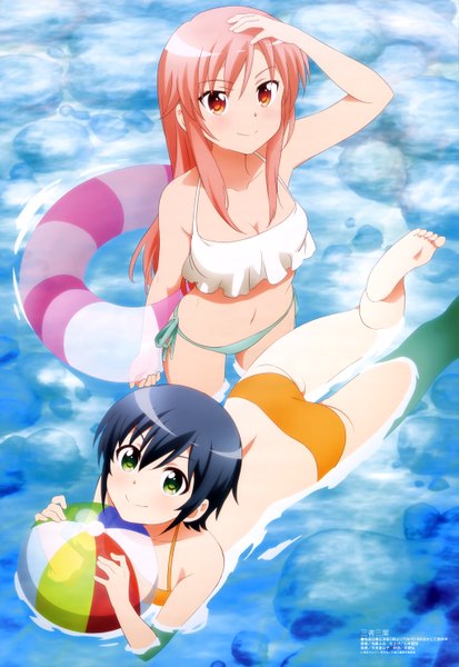 Anime picture 4083x5930 with sansha sanyou megami magazine nishiyama serina long hair tall image looking at viewer blush highres short hair light erotic black hair smile red eyes multiple girls green eyes pink hair absurdres official art afloat girl