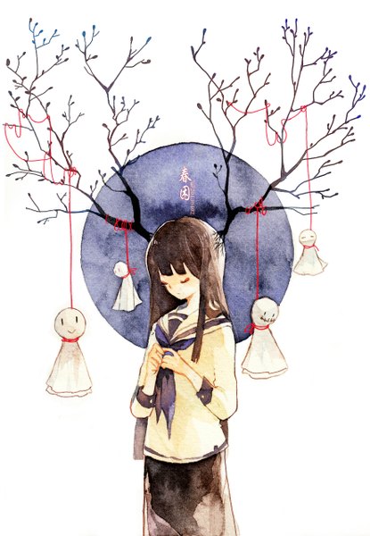 Anime picture 885x1280 with original mei (artist) single long hair tall image fringe simple background brown hair white background eyes closed inscription eyeshadow bare tree traditional media watercolor (medium) girl skirt uniform serafuku branch