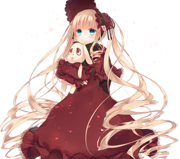 Anime picture 1020x900 with rozen maiden shinku kunkun komeshiro kasu single looking at viewer blush blue eyes blonde hair simple background red eyes standing white background twintails payot full body long sleeves very long hair sparkle loli