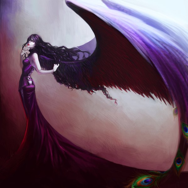 Anime picture 1200x1203 with original noa ikeda long hair tall image looking at viewer black hair bare shoulders very long hair looking back lipstick makeup purple background girl dress wings feather (feathers) corset clothes