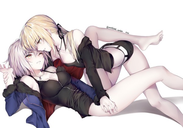 Anime picture 2000x1403 with fate (series) fate/grand order fate/stay night fate/apocrypha artoria pendragon (all) jeanne d'arc (fate) (all) jeanne d'arc alter (fate) saber alter obiwan long hair fringe highres short hair breasts light erotic blonde hair simple background smile hair between eyes white background