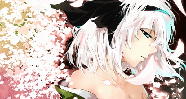 Anime picture 2599x1398 with touhou konpaku youmu litsvn single fringe highres short hair open mouth blue eyes wide image bare shoulders looking away white hair profile cherry blossoms close-up girl ribbon (ribbons) plant (plants) hair ribbon