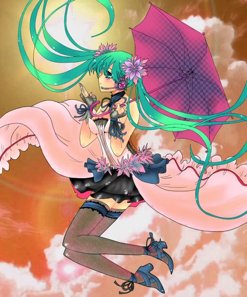 Anime picture 1100x1320 with 7th dragon 2020 vocaloid hatsune miku shinami aya single tall image blush fringe hair between eyes twintails bare shoulders green eyes sky cloud (clouds) very long hair profile green hair weightlessness girl thighhighs