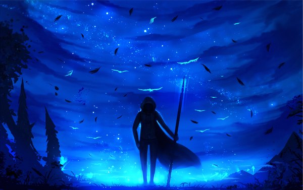 Anime picture 1570x989 with original ryky single standing holding cloud (clouds) wind night night sky silhouette ambiguous gender plant (plants) animal tree (trees) bird (birds) star (stars) cape staff
