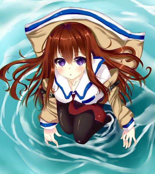 Anime picture 1000x1125 with steins;gate white fox makise kurisu nirata ni fumihiko single long hair tall image looking at viewer blush brown hair purple eyes from above girl pantyhose clothes