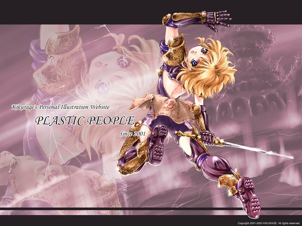 Anime picture 1024x768 with short hair blue eyes blonde hair zoom layer weapon sword plastic people
