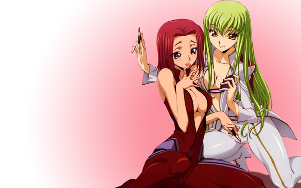 Anime picture 2560x1600 with code geass sunrise (studio) c.c. kallen stadtfeld long hair fringe highres breasts blue eyes light erotic smile wide image multiple girls holding yellow eyes cleavage red hair parted lips green hair lipstick